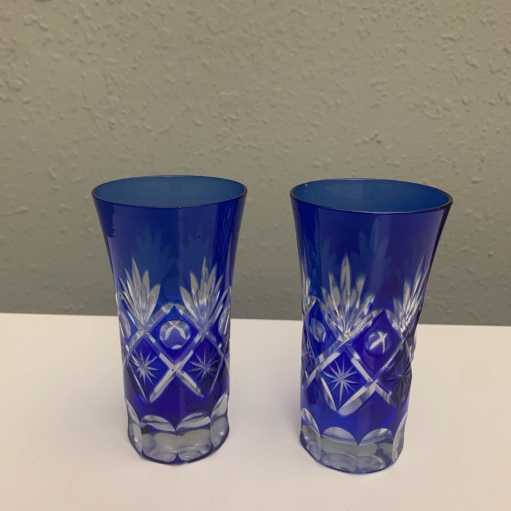 2 Kirico Decorated Blue Cup Cut Glass.